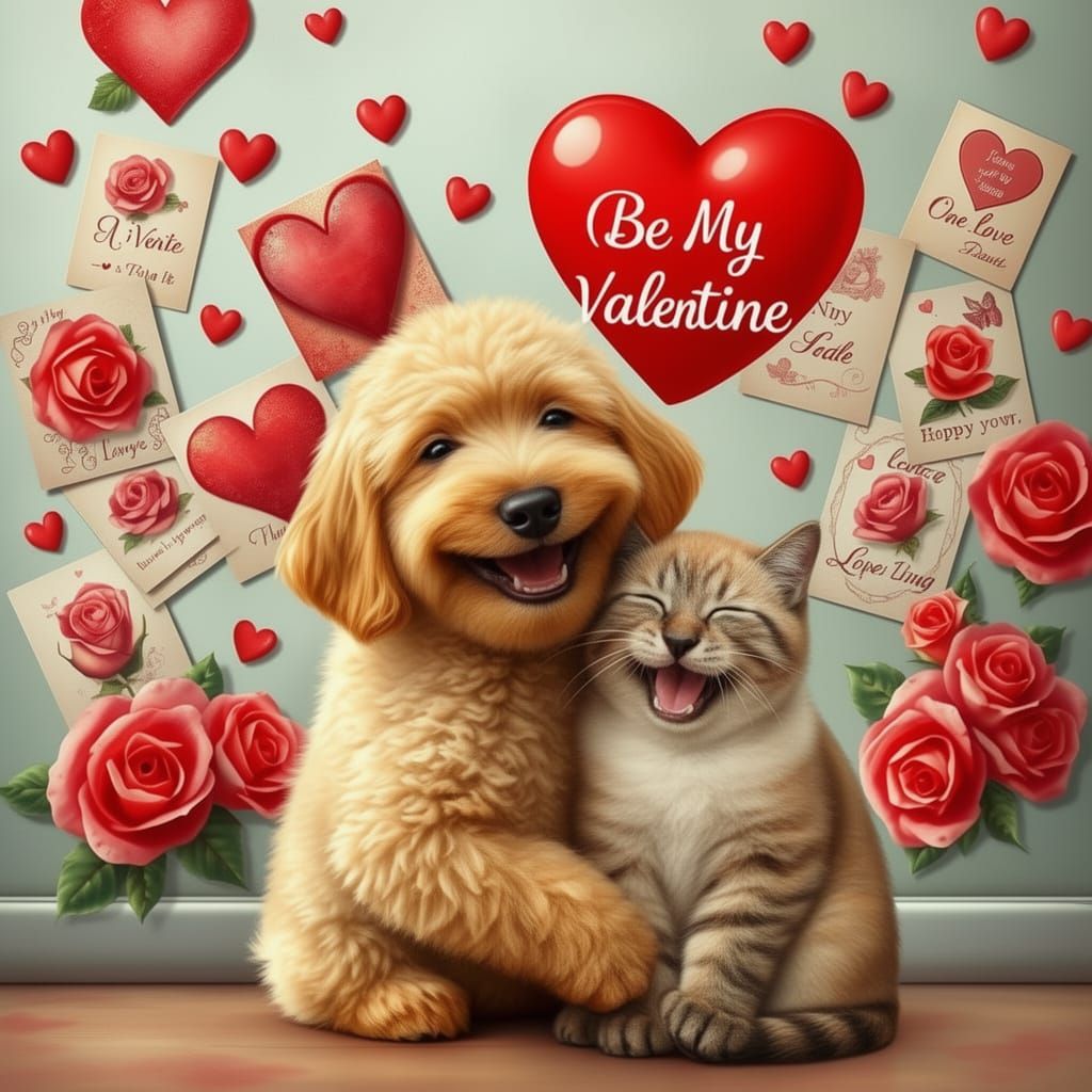 Valentine Collage: Golden Doodle Hugs Siamese Cat Amidst Hea...
