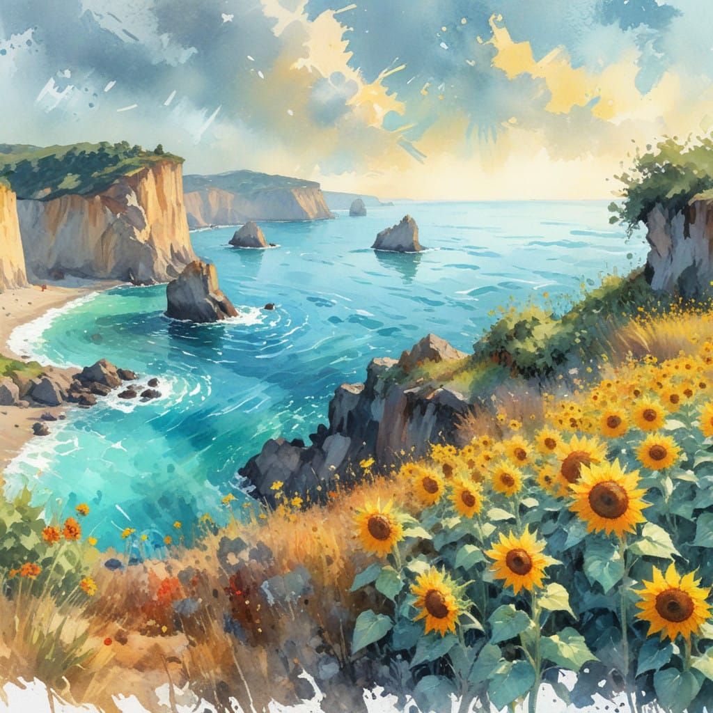 Vibrant Sunflower Field on Ocean Cliff in Gouache Style