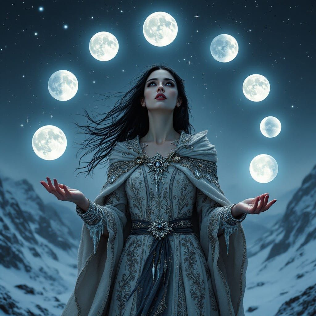 Norse Goddess Jugglers Lunar Phases in Digital Painting