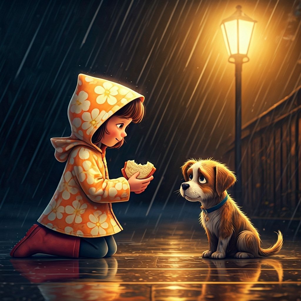 Pixar Style Girl Shares Sandwich With Sad Puppy in Rain