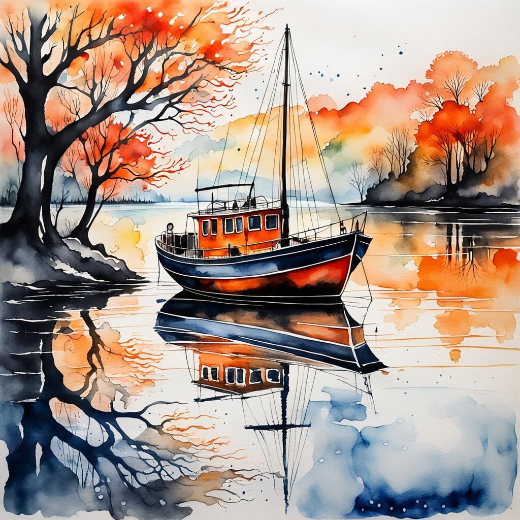 Sailboat Reflection at Sunrise in Surreal Mixed Media