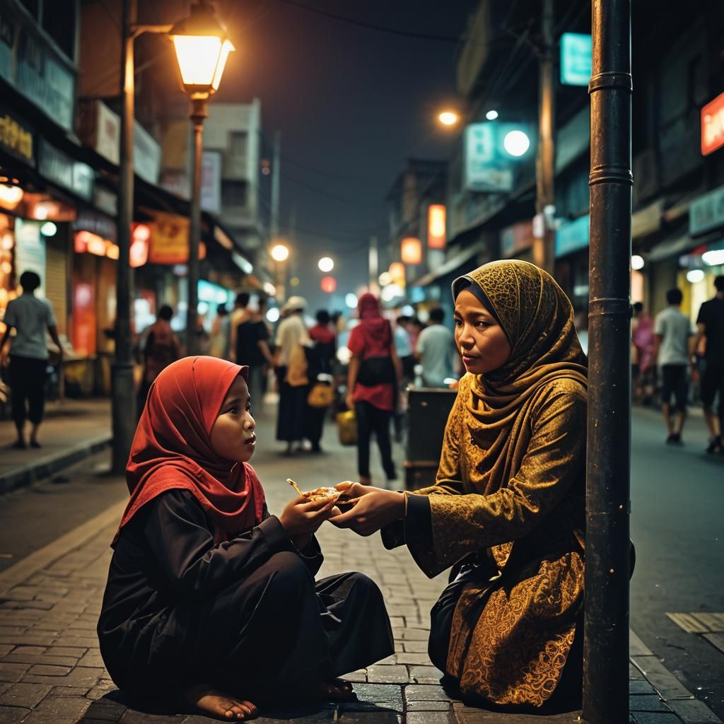 Malay Woman Feeds Child: Cinematic Film Still
