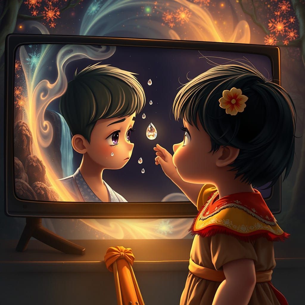 A Young Child Comforts a Weeping Character in a Dreamlike Sc...