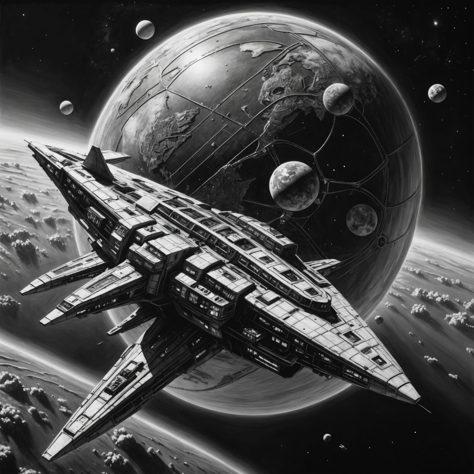 Cyberpunk Capital Ship Orbiting Earth: Charcoal Drawing