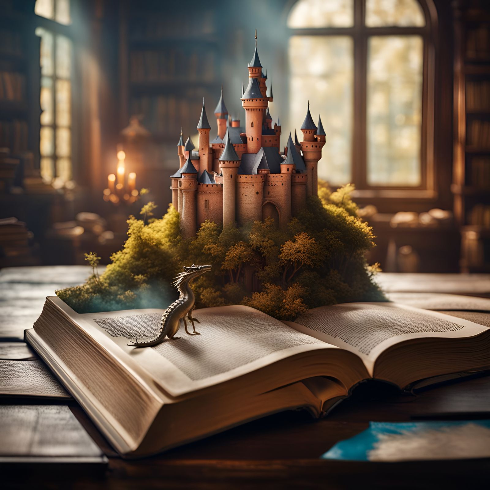 Fairytale Kingdom Emerges from Book, Detailed Digital Art