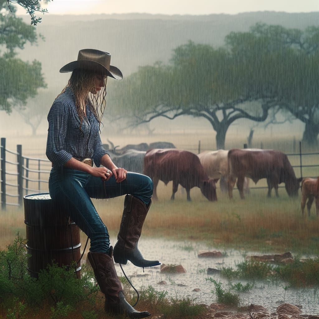 Cowgirl in Texas Ranch During Rainfall