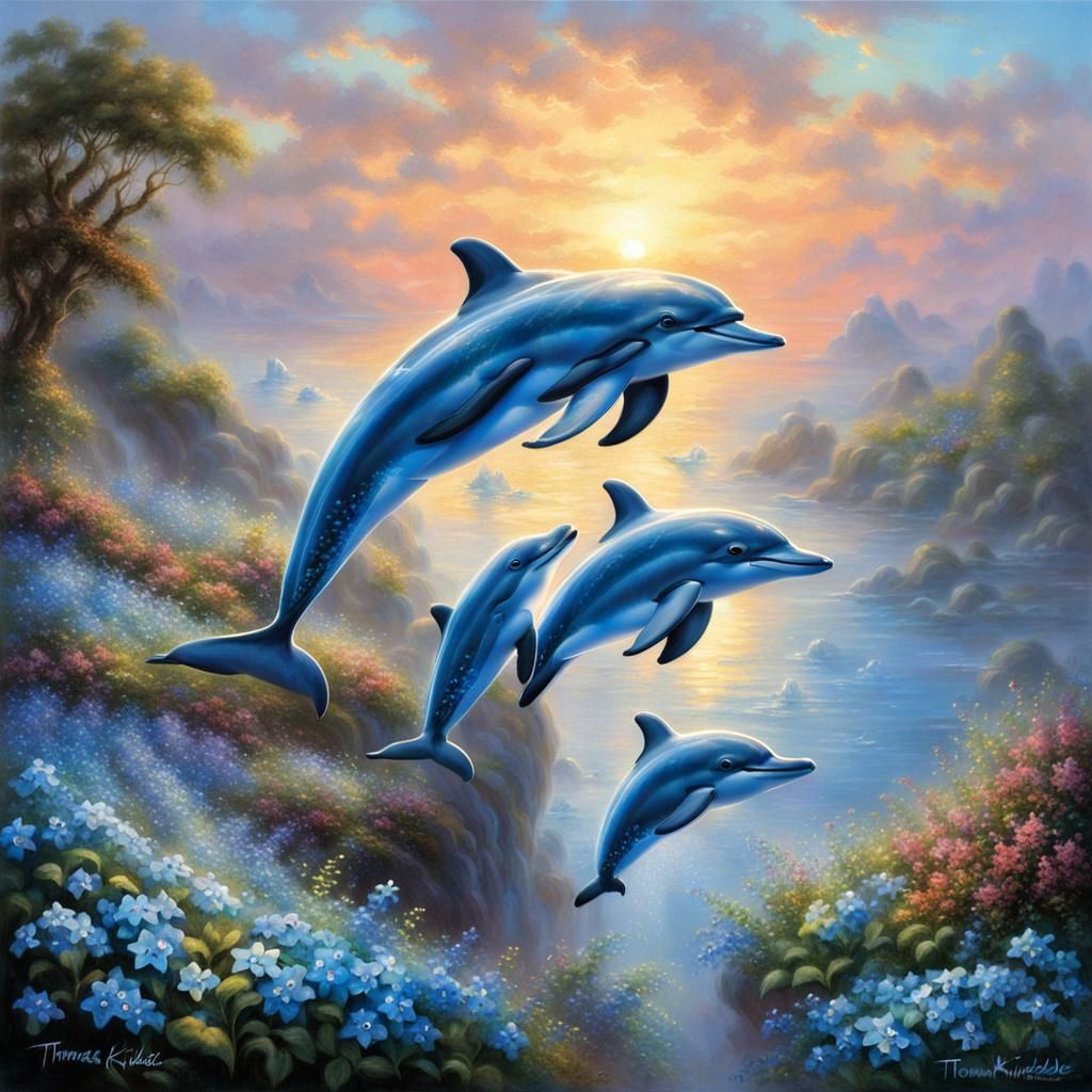 Dolphins at Sunset with Forget-Me-Nots in Ethereal Style