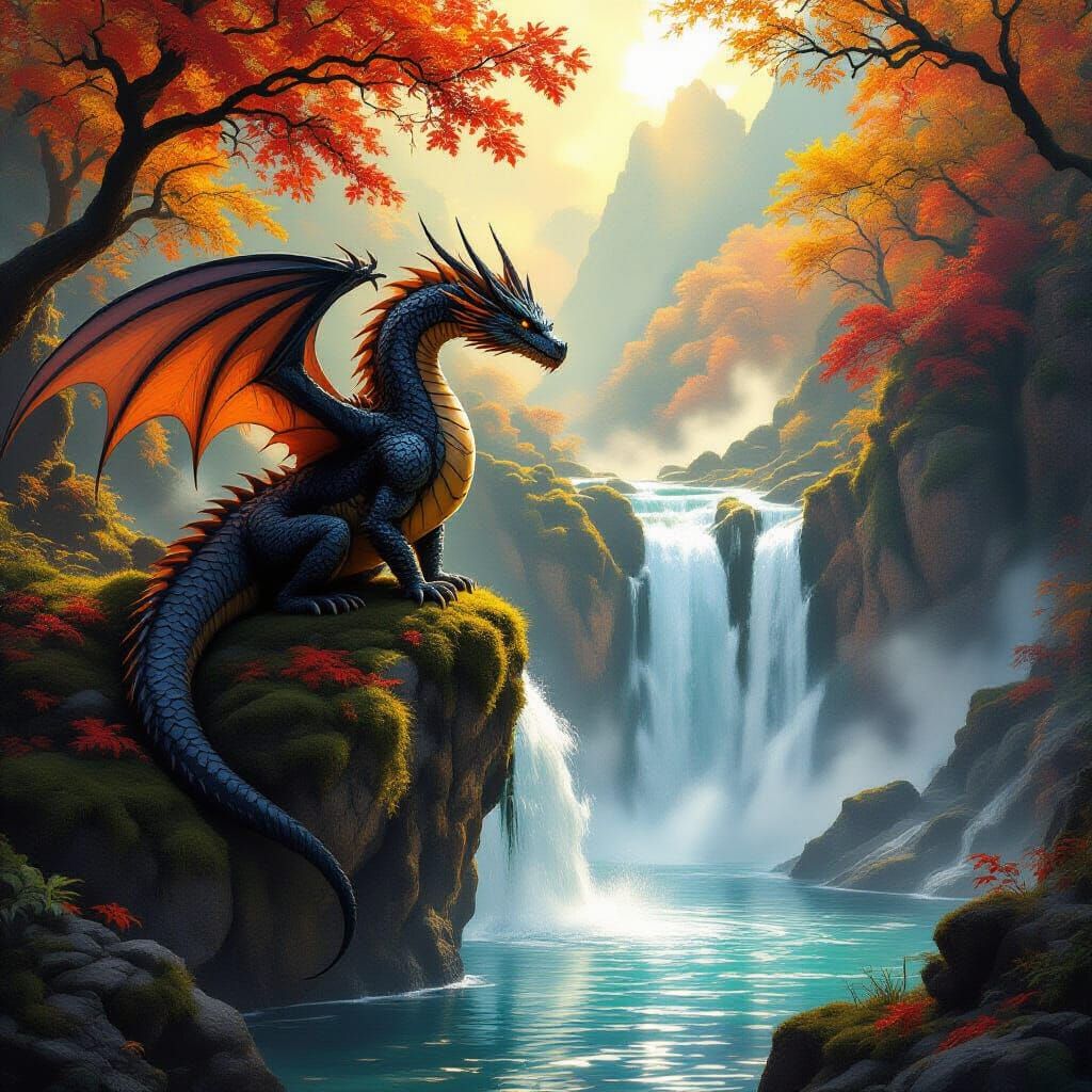 Ancient Obsidian Dragon Over Autumn Waterfall