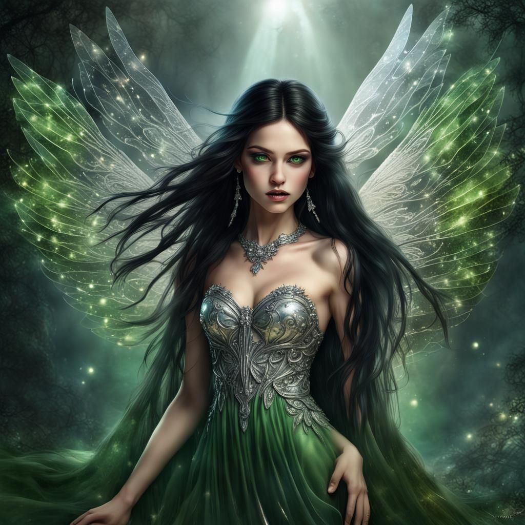 A beautiful fairy with amazing green twinkling eyes and long black hair, with huge silver wings, her face must be made u...