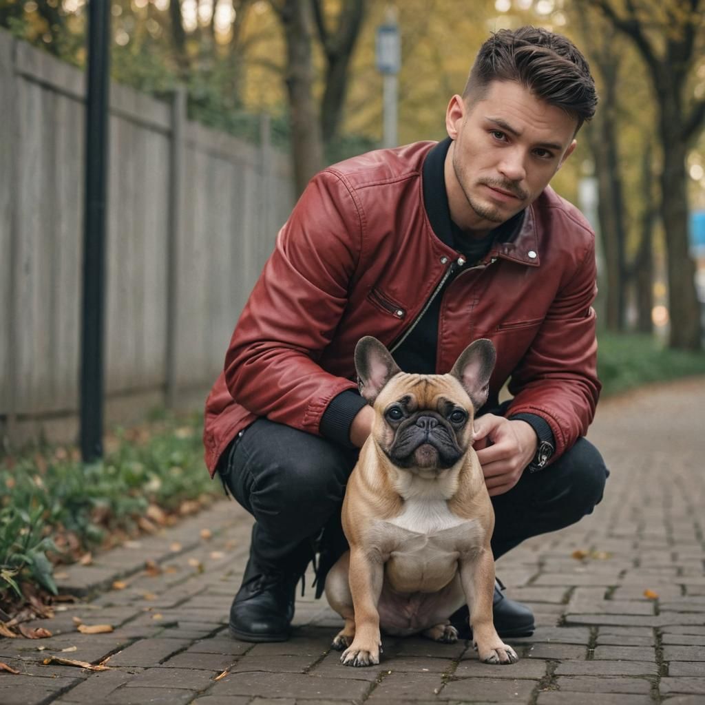 A Slavic Man in a Red Bomber Jacket Kneels with a French Bul...