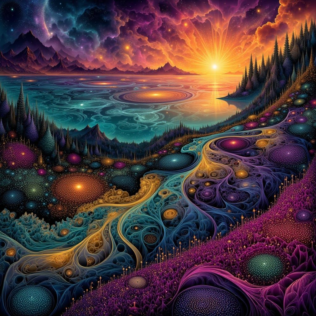 <lora:Carpet Theory Xtreme:1.0> .black, cherry red, teal , cream tones.
a fantasy landscape, low angle leading to the se...