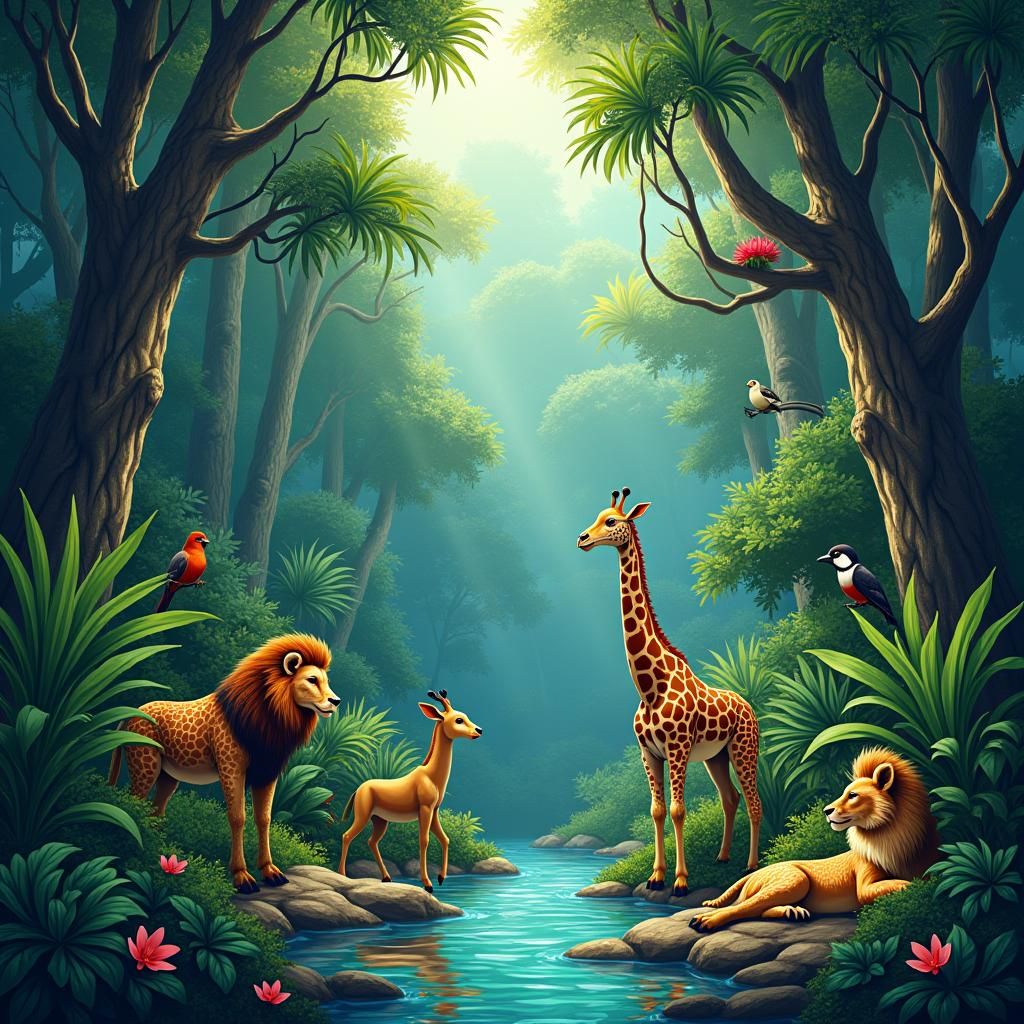 Lush Tropical Forest Habitat with Diverse Wildlife