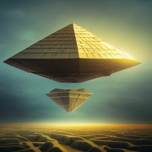 Alien Mothership Lifts Pyramid in Ominous Landscape