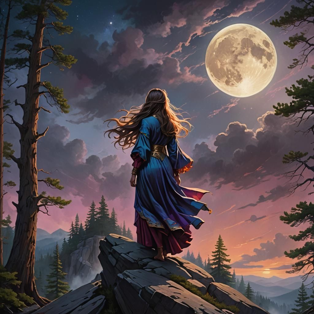 Regal Woman Gazing at Moon Over Pine Forest