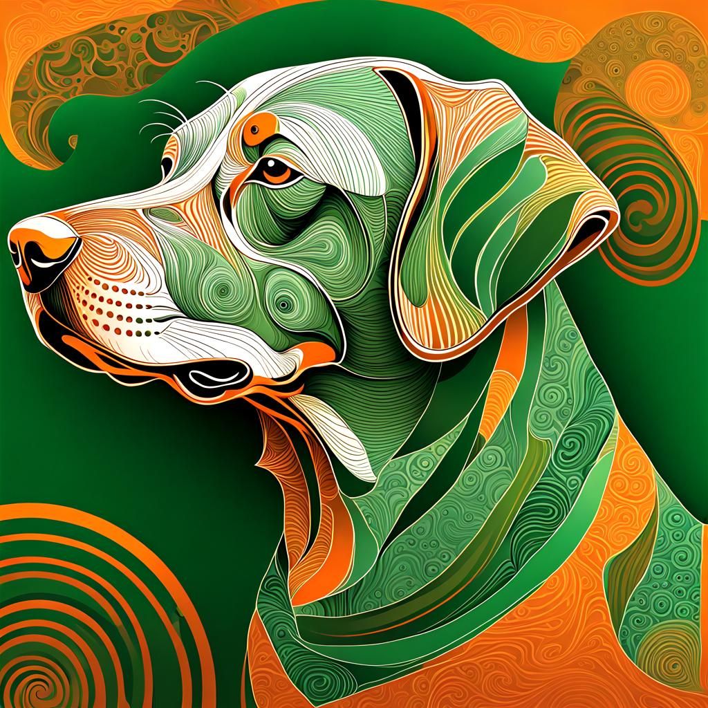 Art Deco Dog Portrait in Green and Orange