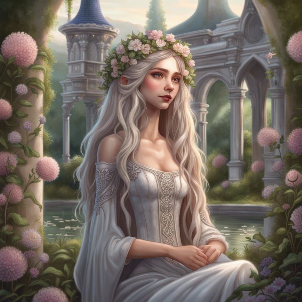 Elegant Elf Princess in Gothic Cottagecore Flower Meadow