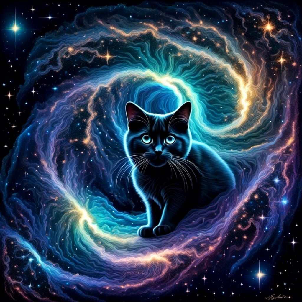 Black Kitten Portrait with Moon Background