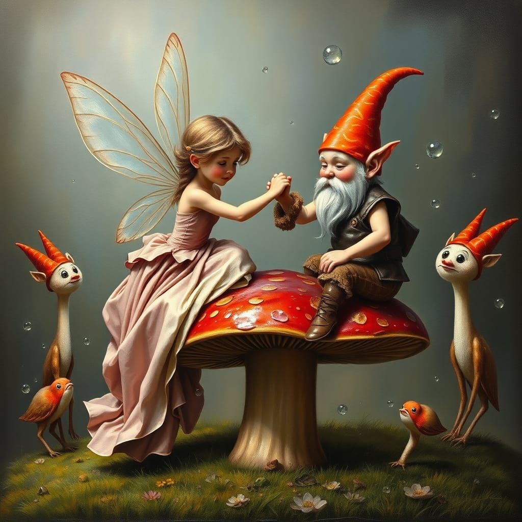 Fairy and Gnome Arm Wrestle, Surreal Oil Painting
