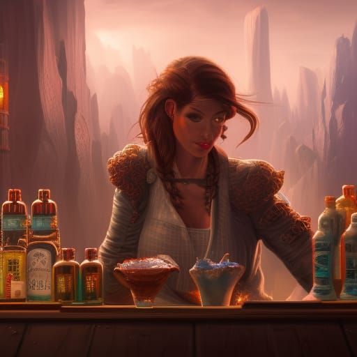 Detailed Matte Painting of a Fantastical Bartender