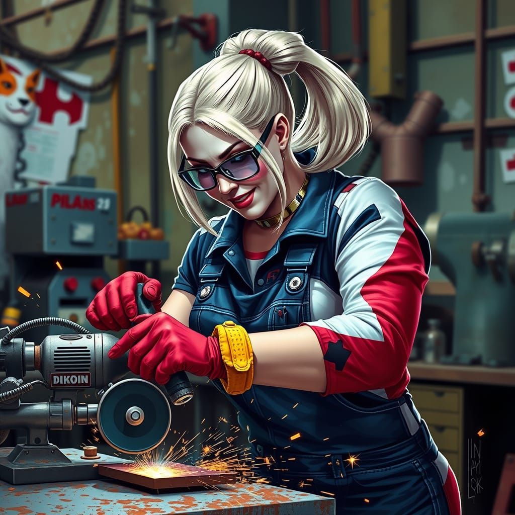 Harley Quinn as Machinist in Hyperrealistic Splash Art