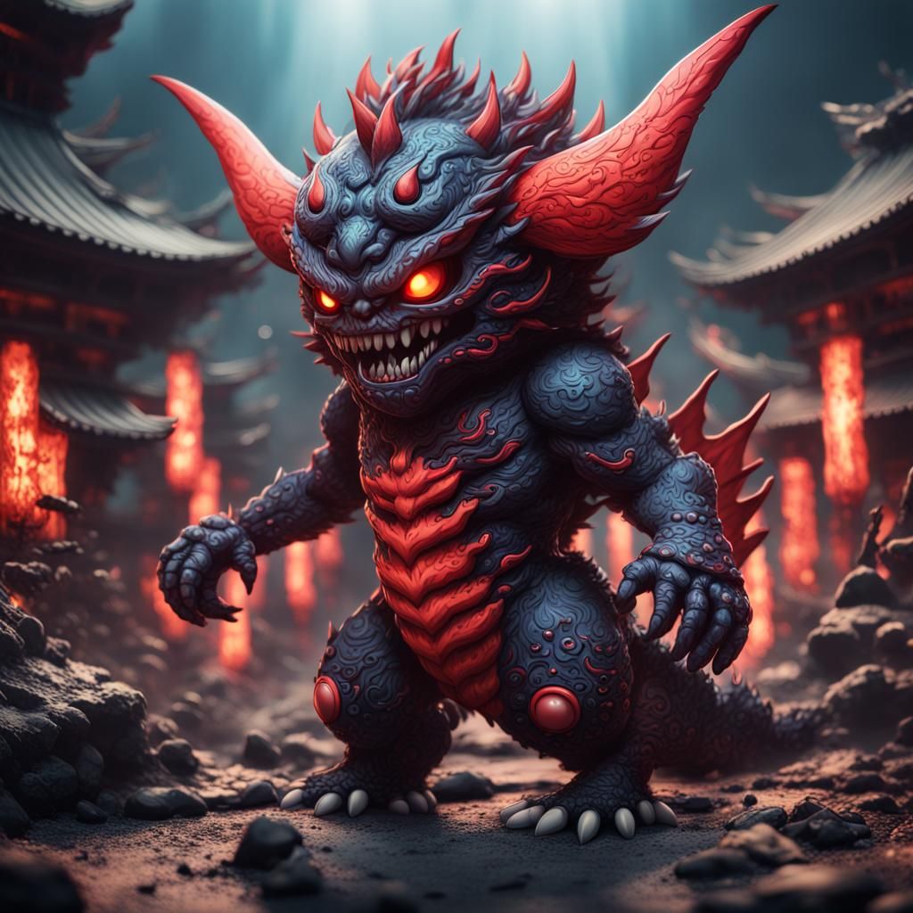 Demonic Chibi Japanese Kaiju: Detailed Matte Painting