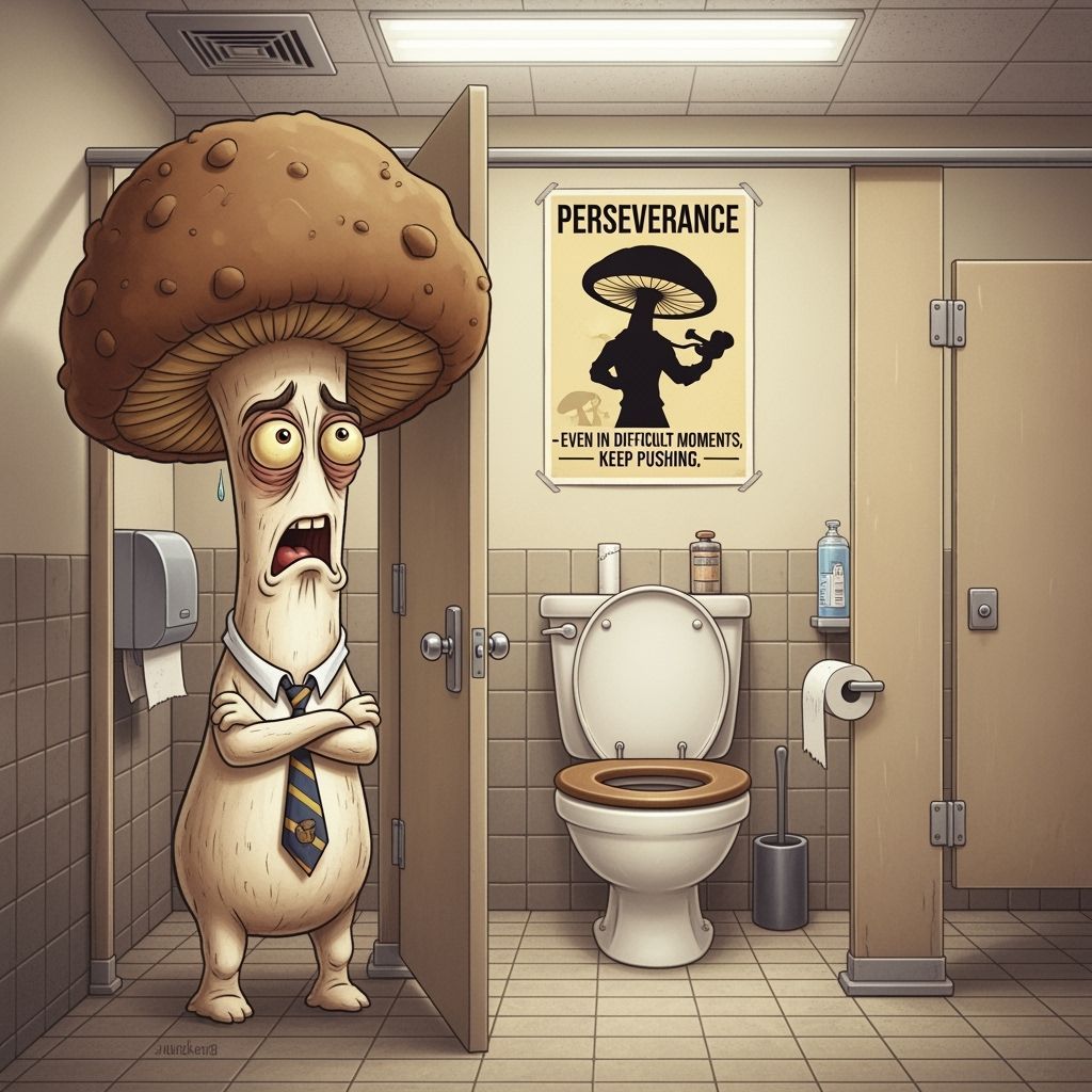 Surreal Office Bathroom: Mushroom Worker Motivational Poster