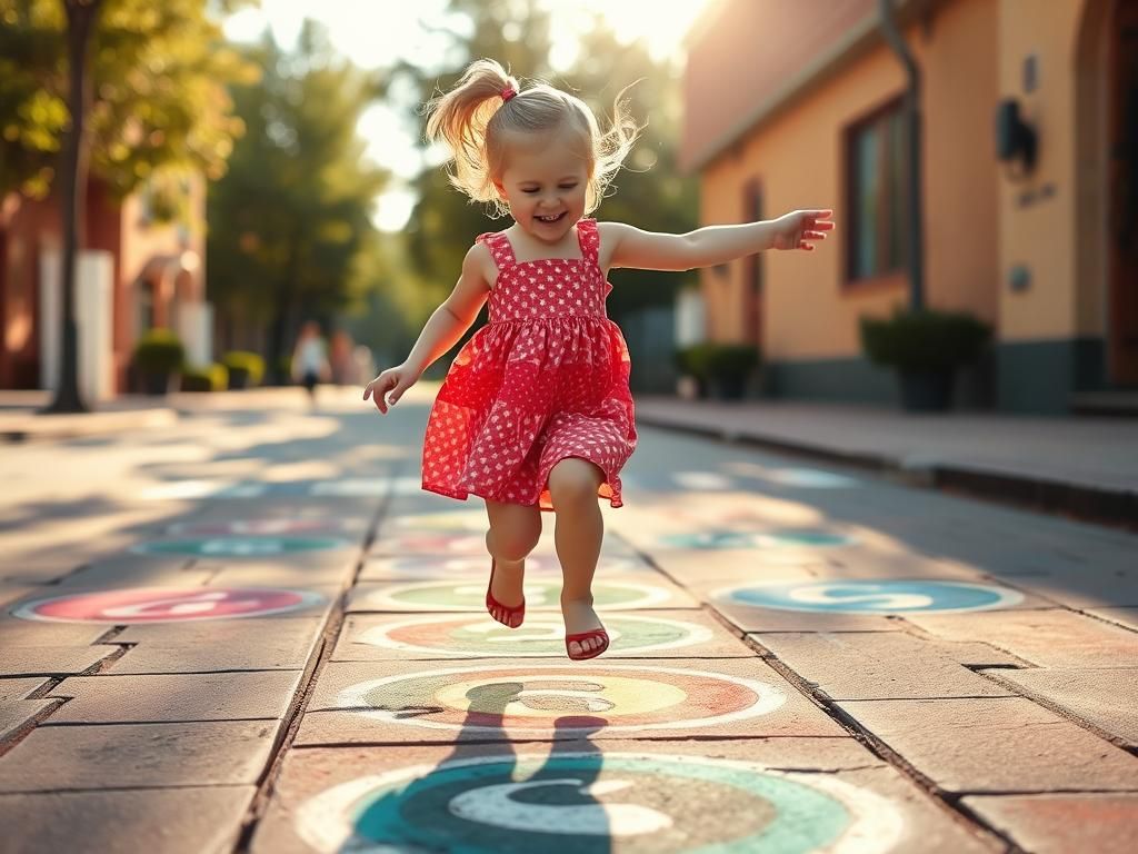 Girl's Joyful Hopscotch Game in Impressionist Style
