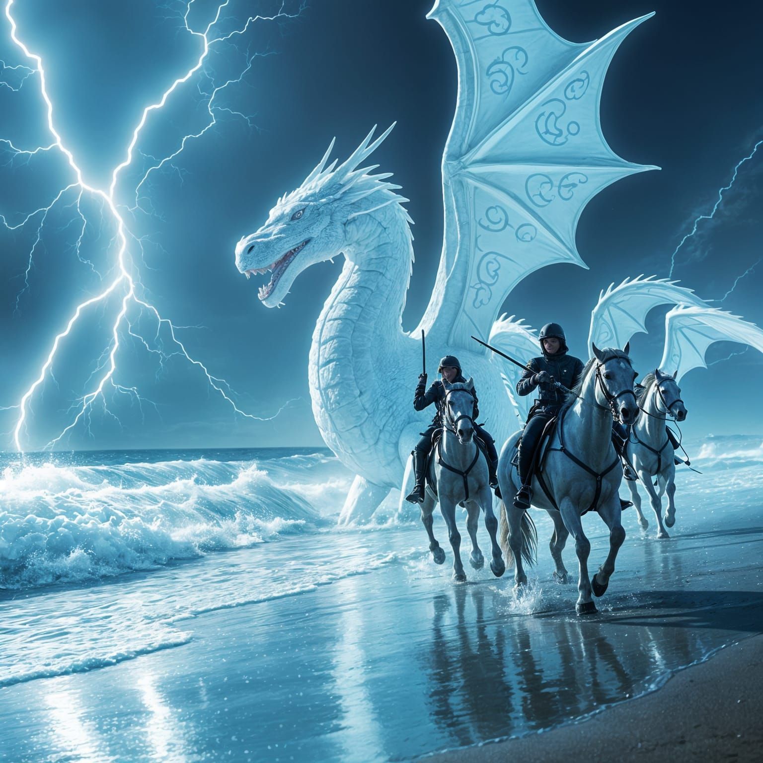 Cyber Warriors Chase Majestic White Dragon on Beach