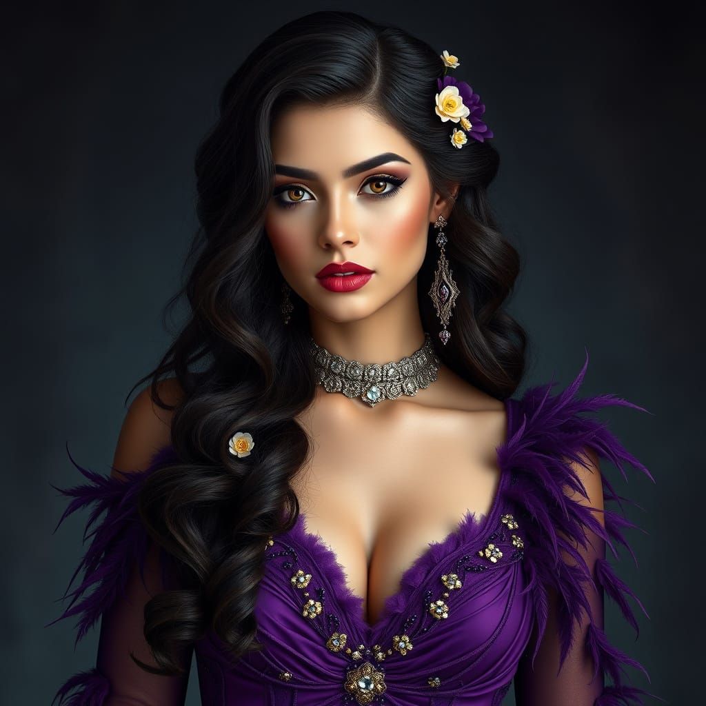 A glamorous woman with wavy dark hair adorned with small flowers, wearing an elegant purple outfit embellished with bead...