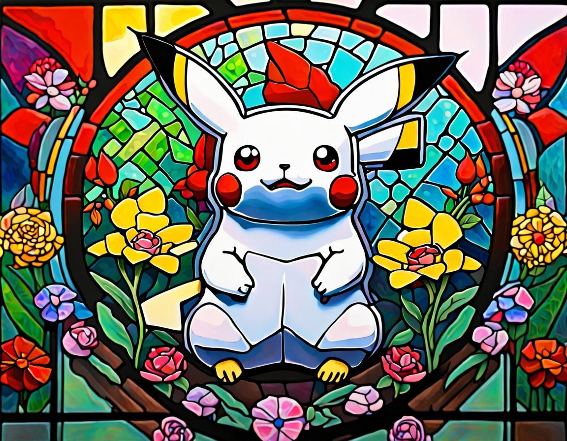 Pikachu Stained Glass Mosaic in Expressionist Style