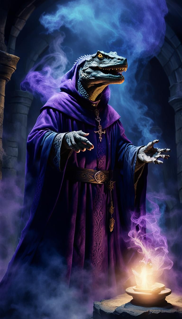 Wizard Summons Lizard Apparition in Dark Fantasy Art