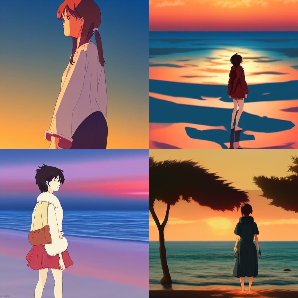 Sunset Beach Girl in Studio Ghibli Anime Style