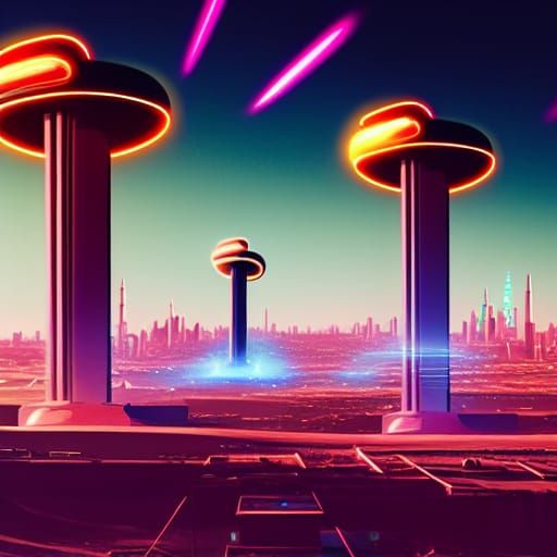 Retrofuturistic Tesla Coils Sparking on Desert Landscape