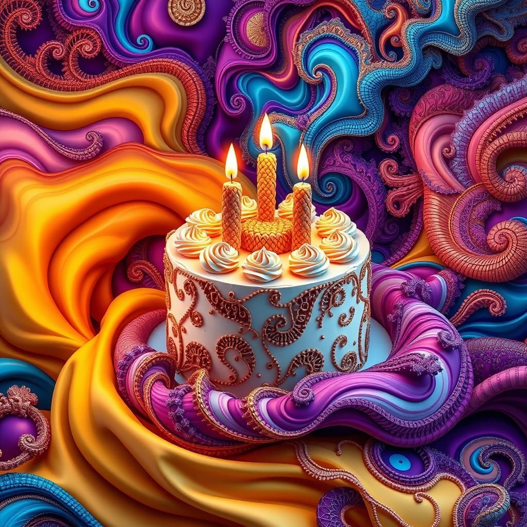 Decadent Cake on Swirly Fabric with Macrame Candles