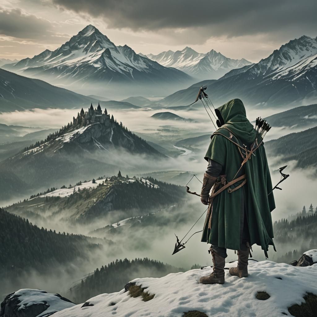 Medieval Ranger Gazes Over Snowy Mountains