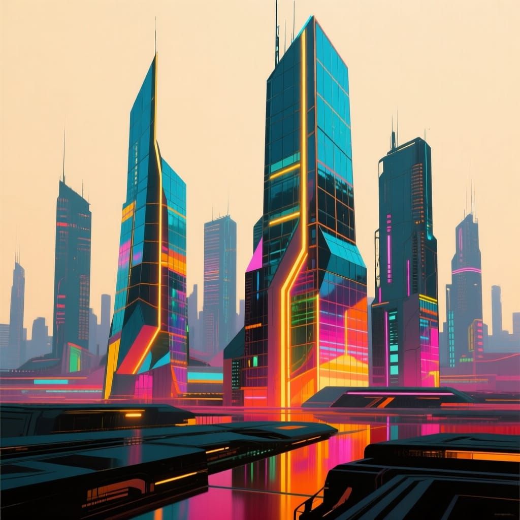 Futuristic Cityscape: Neon Reflections in Abstract Style