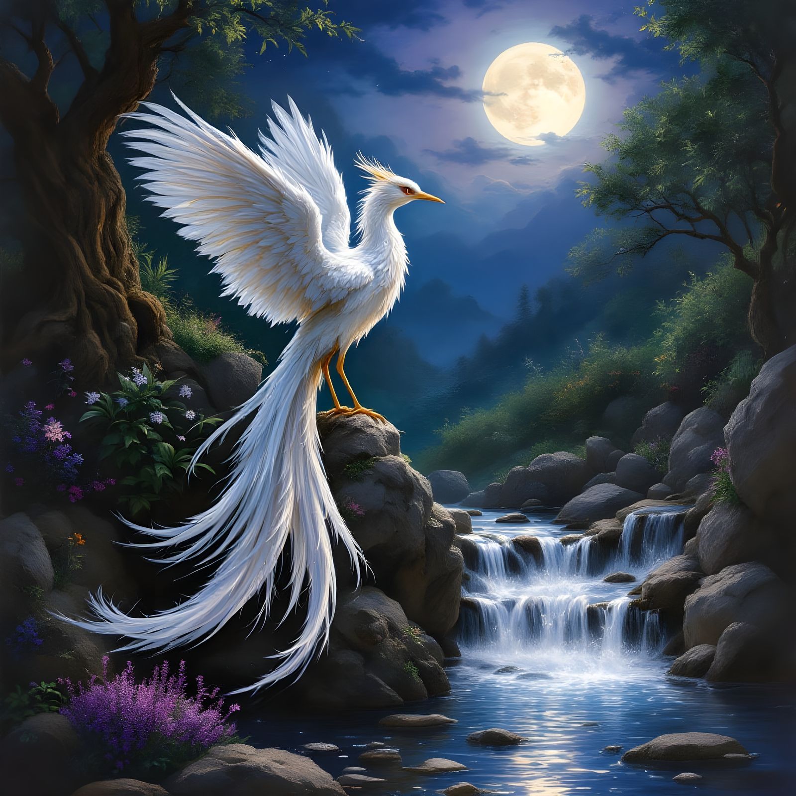 Enchanted Nighttime Garden Scene in Oil on Canvas Style