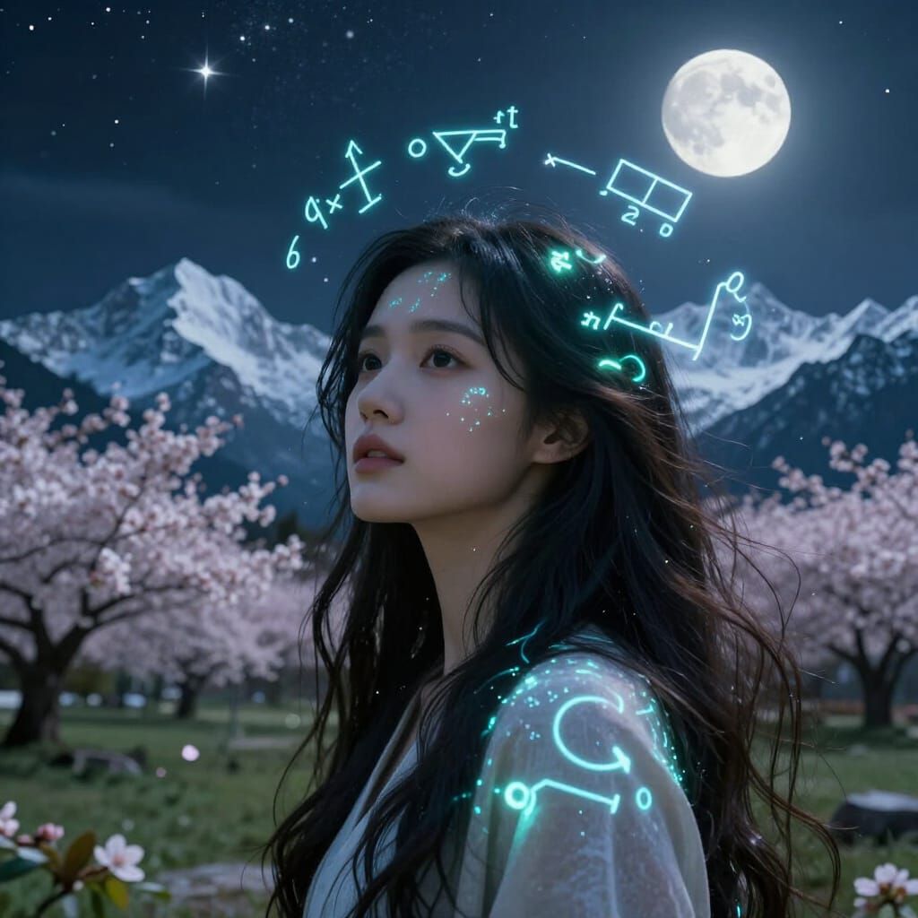 Futuristic Woman with Neon Formulas and Mountain Landscape