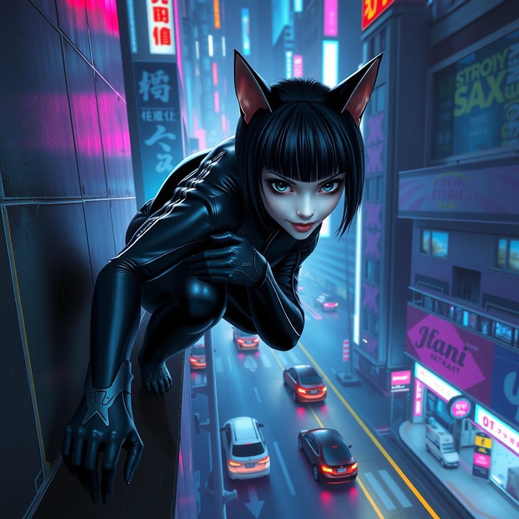 Cyberpunk Female in Leather Suit Climbs City Building