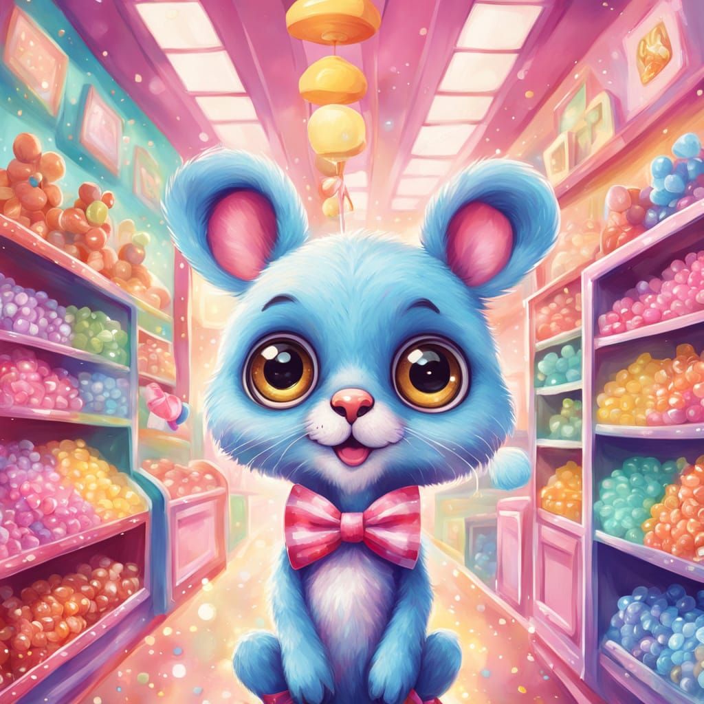 Whimsical Cartoon Animal in a Colorful Candy Store