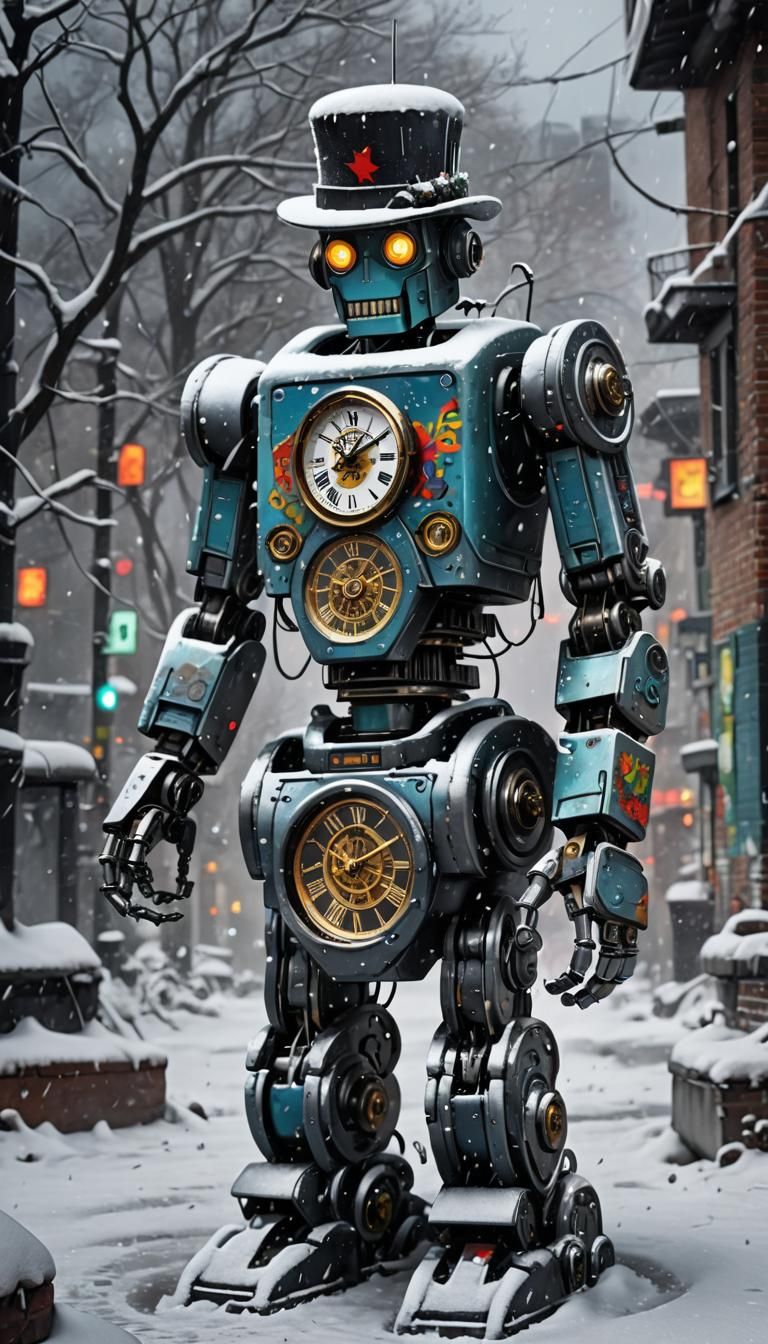 Robot Clock in Snowfall: Graffiti Street Art