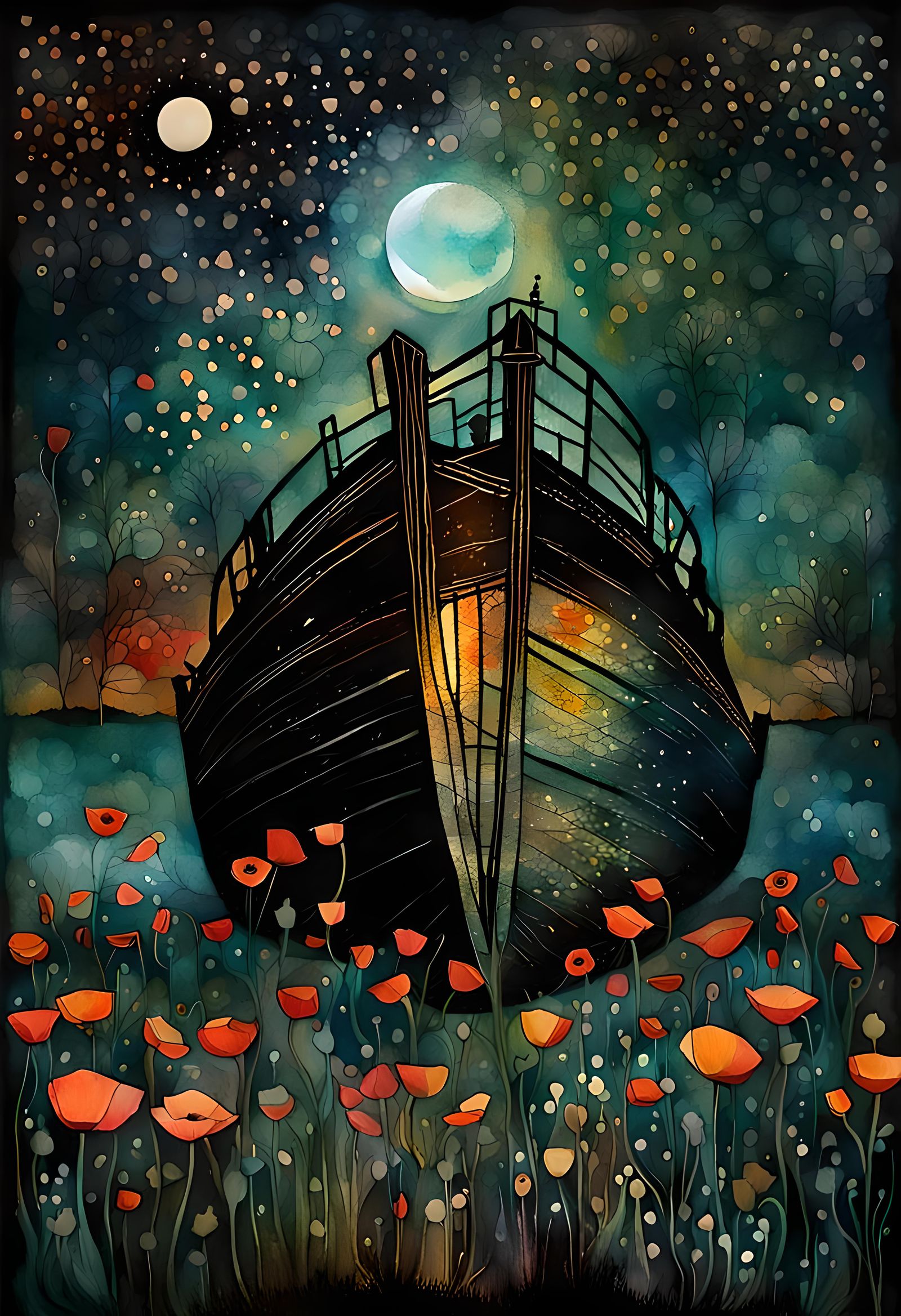 Poppy Field Boat in Double Exposure Watercolor