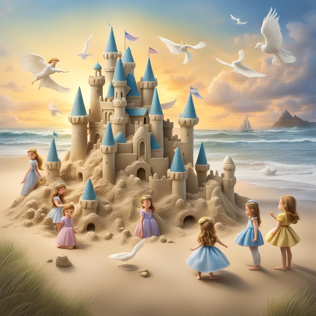 Angelic Princesses Building Sandcastle on Windy Beach