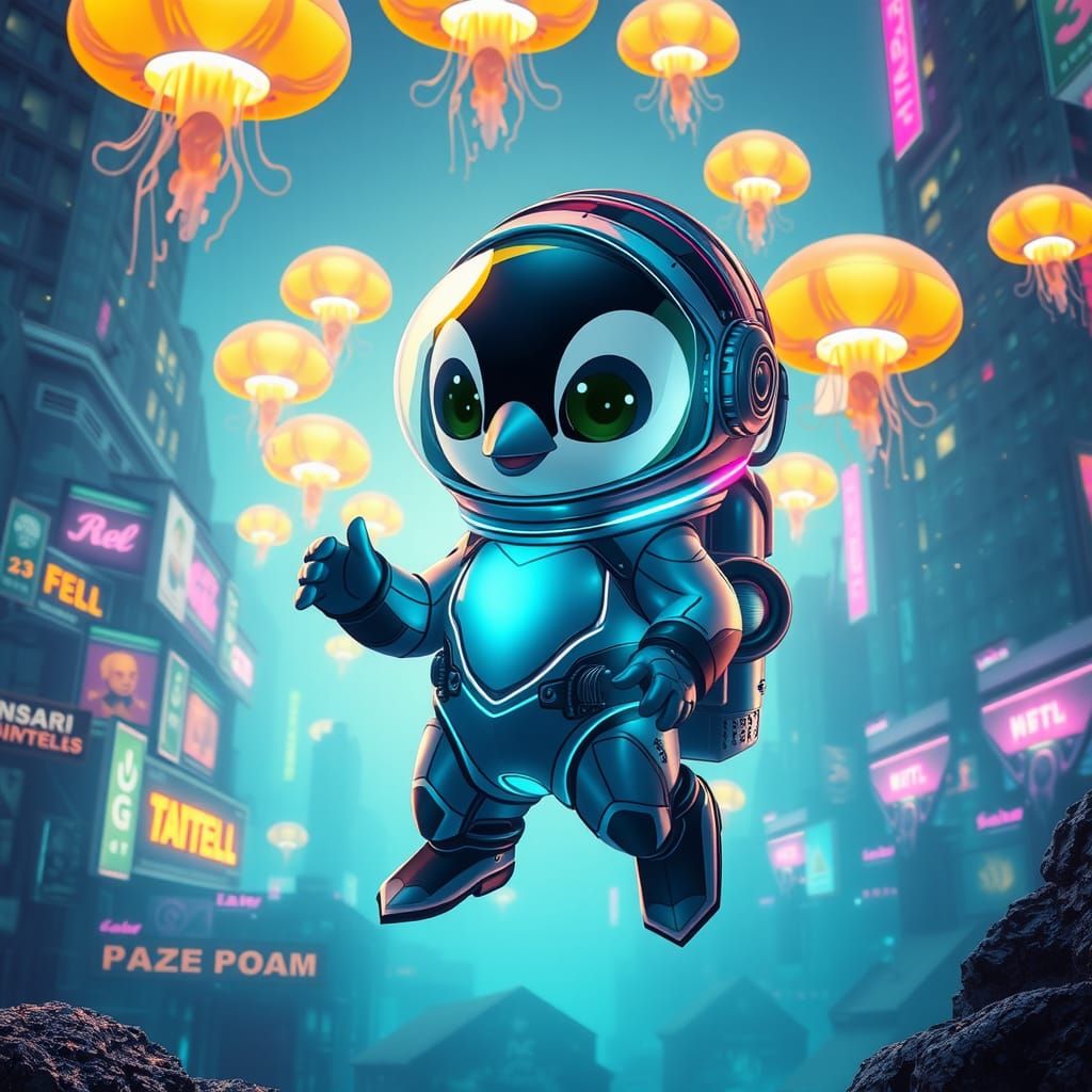 Cyberpunk Penguin Hero in Submerged Cityscape