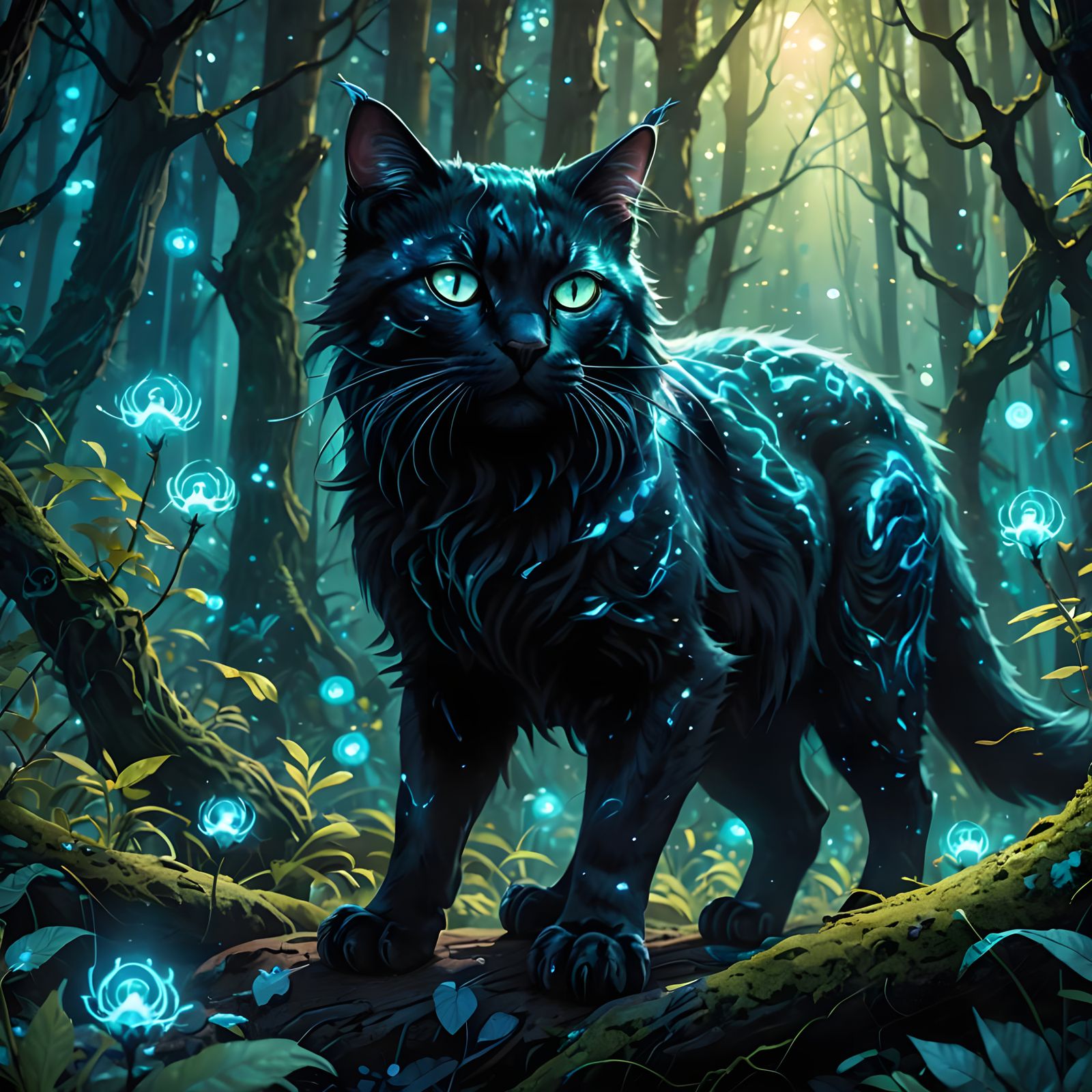 Iridescent Space Cat in Dreamlike Forest, Ghibli Style