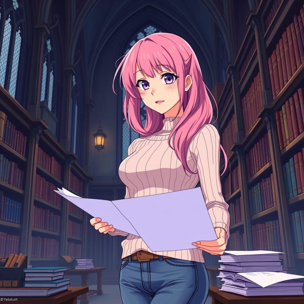 Gothic Beauty in Anime Style Checks Papers in a Haunting Lib...