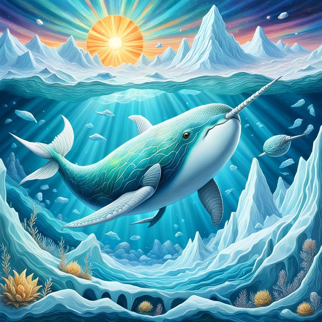 Narwhal and Iridescent Dragon in Iceberg