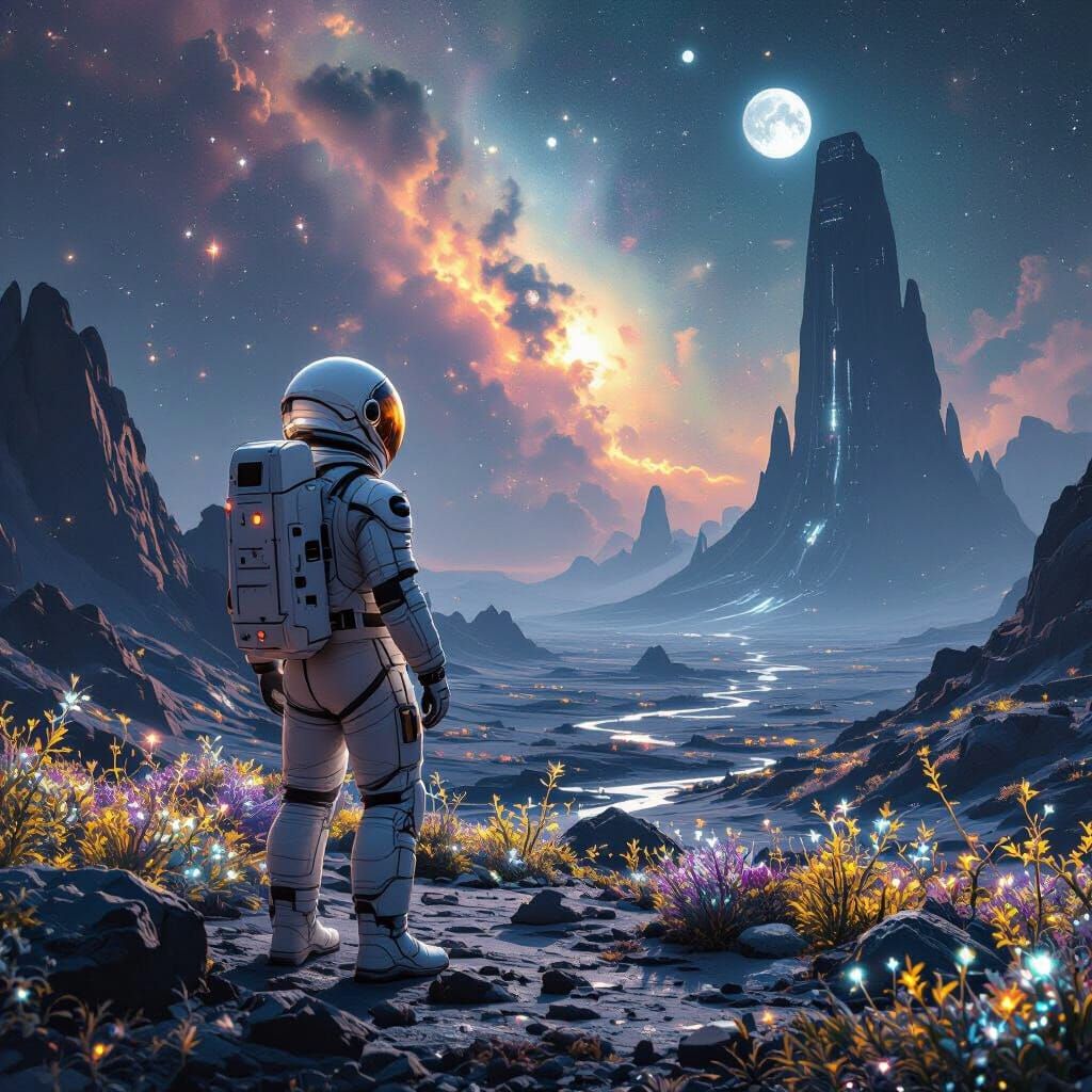 Astronaut on Alien Planet with Twin Moons