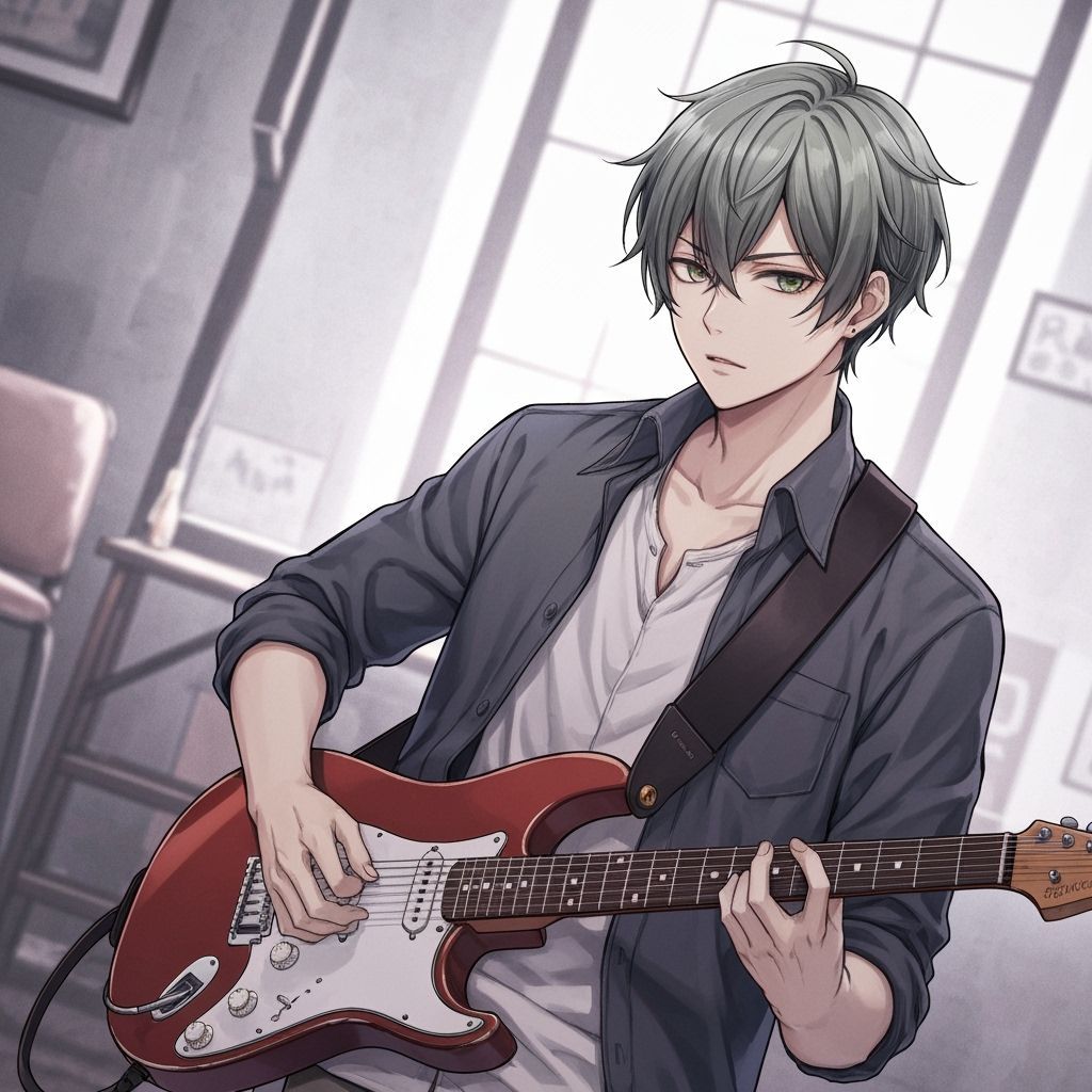 Anime Teen Boy Rocking Electric Guitar with Gray Green Hair