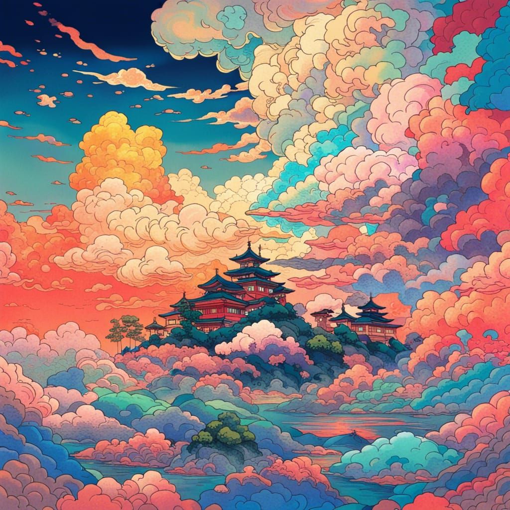 Radiant Sky Island in Ukiyo-e Fairycore Style